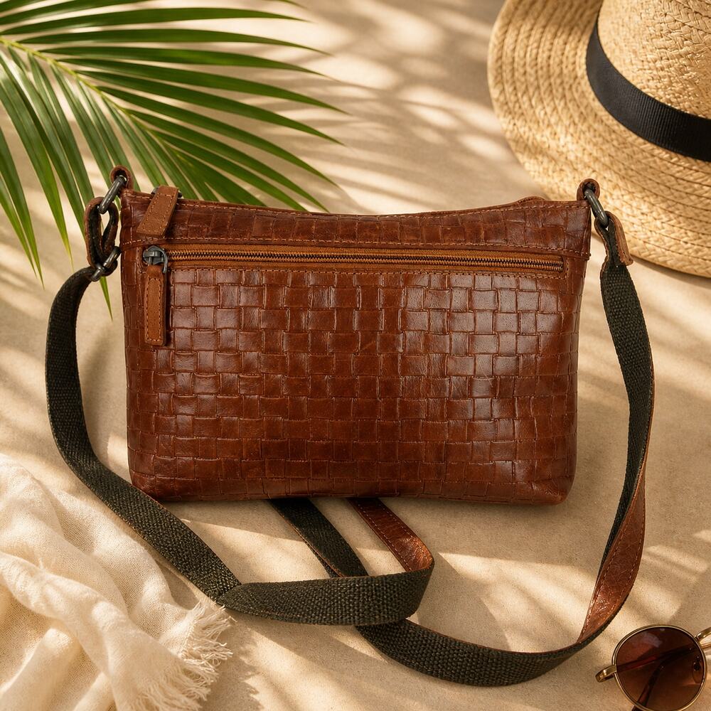 Jack Georges Genuine Leather Basketweave Embossed Crossbody Purse